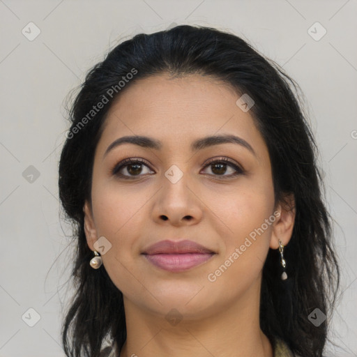 Joyful latino young-adult female with long  brown hair and brown eyes