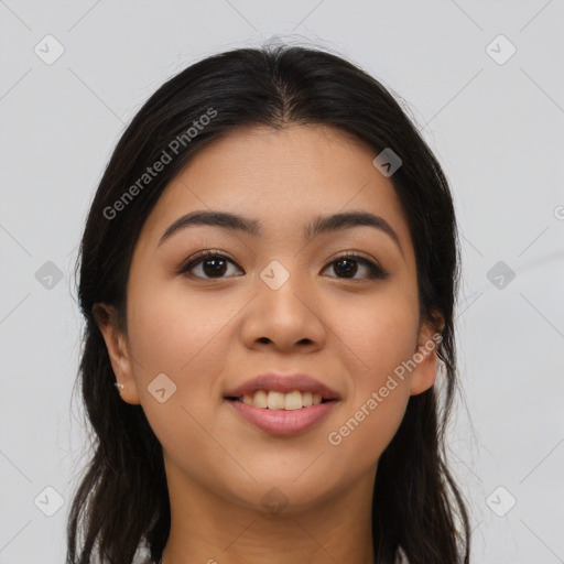 Joyful asian young-adult female with long  brown hair and brown eyes