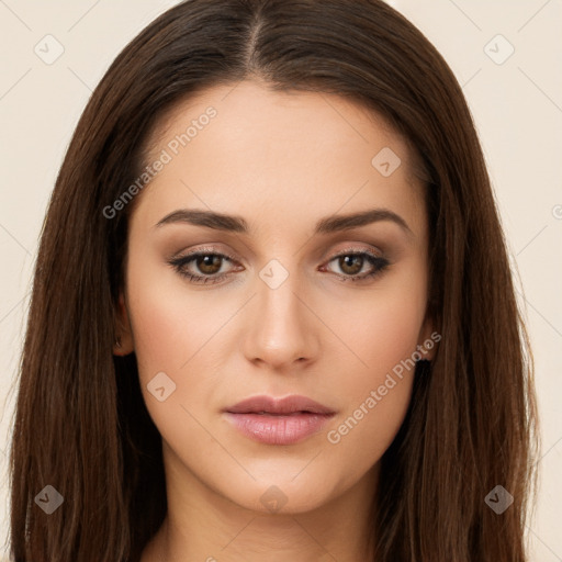 Neutral white young-adult female with long  brown hair and brown eyes