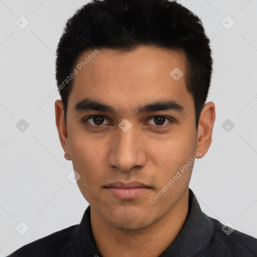 Neutral latino young-adult male with short  black hair and brown eyes