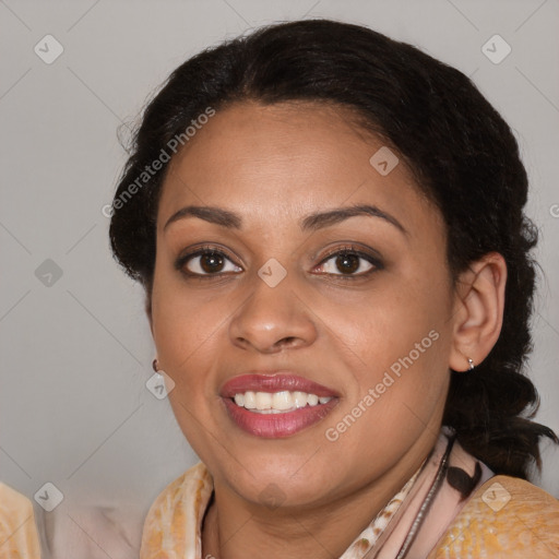 Joyful latino young-adult female with medium  brown hair and brown eyes