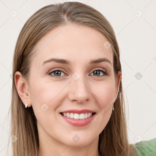 Joyful white young-adult female with long  brown hair and grey eyes