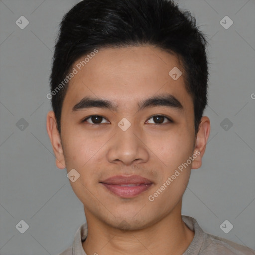 Joyful latino young-adult male with short  brown hair and brown eyes