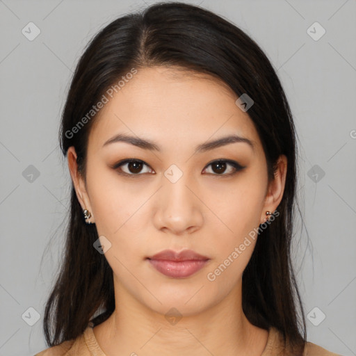 Neutral asian young-adult female with medium  brown hair and brown eyes