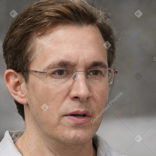 Neutral white adult male with short  brown hair and brown eyes