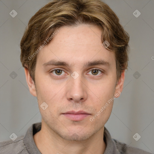 Neutral white young-adult male with short  brown hair and grey eyes