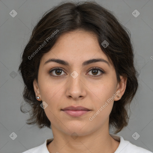 Neutral white young-adult female with medium  brown hair and brown eyes