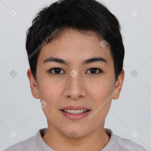 Joyful asian young-adult female with short  brown hair and brown eyes