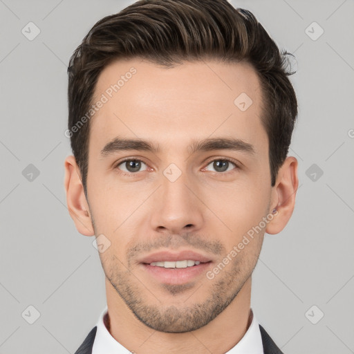 Neutral white young-adult male with short  brown hair and brown eyes