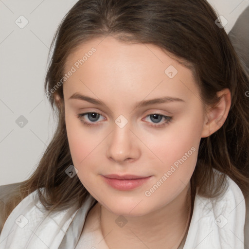 Joyful white child female with medium  brown hair and brown eyes