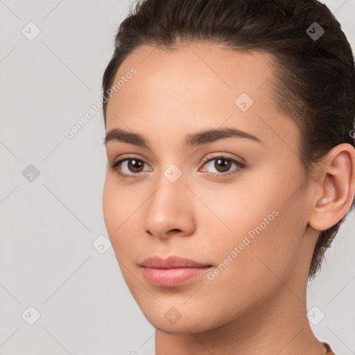 Neutral white young-adult female with medium  brown hair and brown eyes