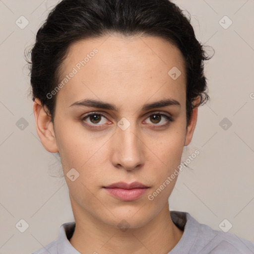 Neutral white young-adult female with short  brown hair and brown eyes