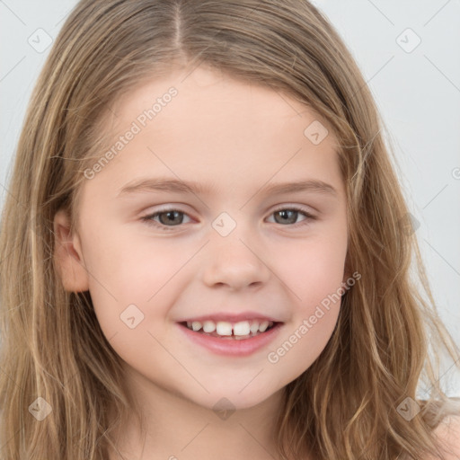 Joyful white child female with long  brown hair and brown eyes