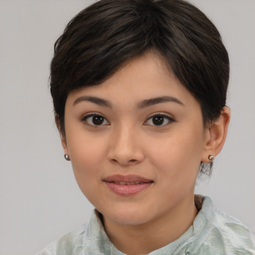 Joyful white young-adult female with medium  brown hair and brown eyes