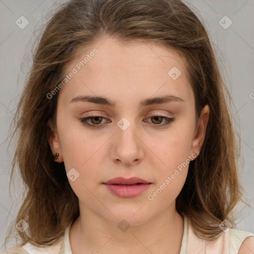 Neutral white young-adult female with medium  brown hair and brown eyes