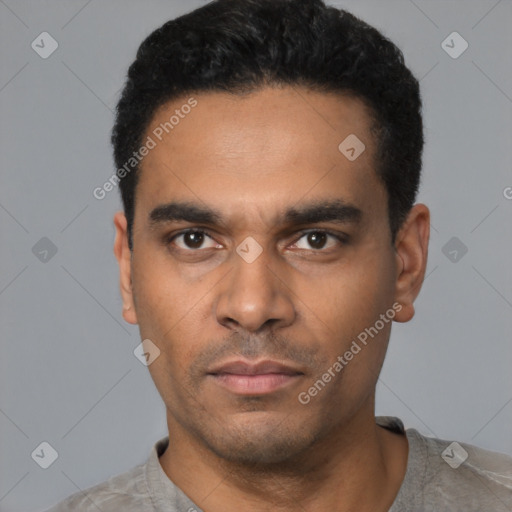 Neutral latino young-adult male with short  black hair and brown eyes