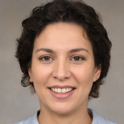 Joyful white adult female with medium  brown hair and brown eyes