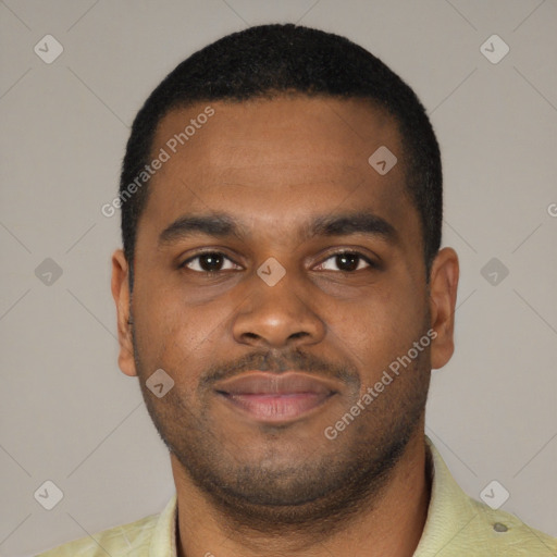Joyful latino young-adult male with short  brown hair and brown eyes