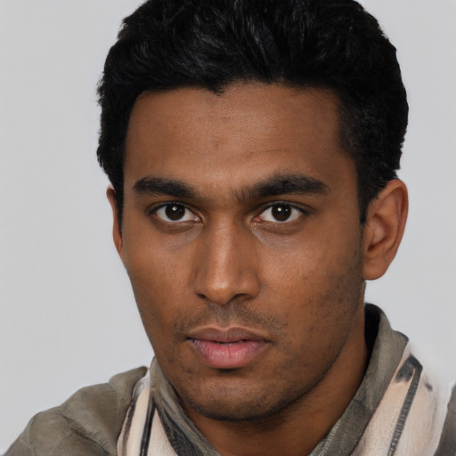 Neutral latino young-adult male with short  black hair and brown eyes