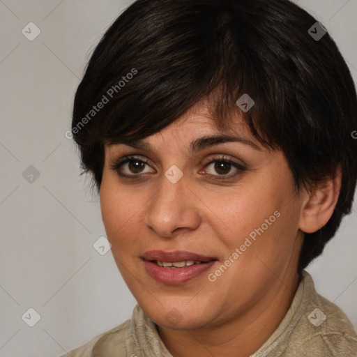 Joyful white adult female with medium  brown hair and brown eyes