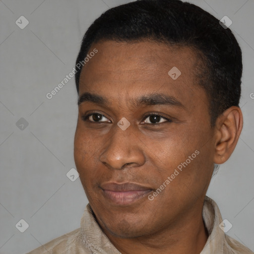 Joyful latino young-adult male with short  black hair and brown eyes