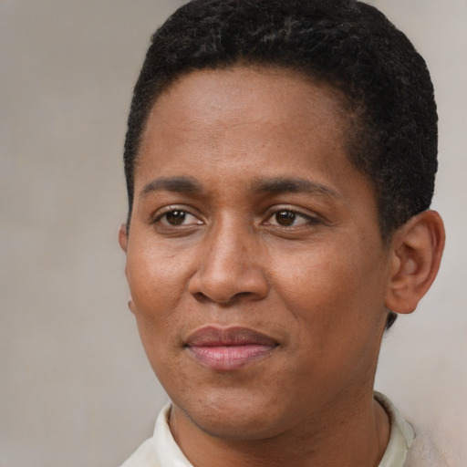 Joyful black young-adult female with short  brown hair and brown eyes
