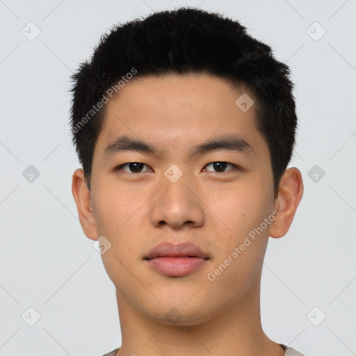 Neutral asian young-adult male with short  black hair and brown eyes