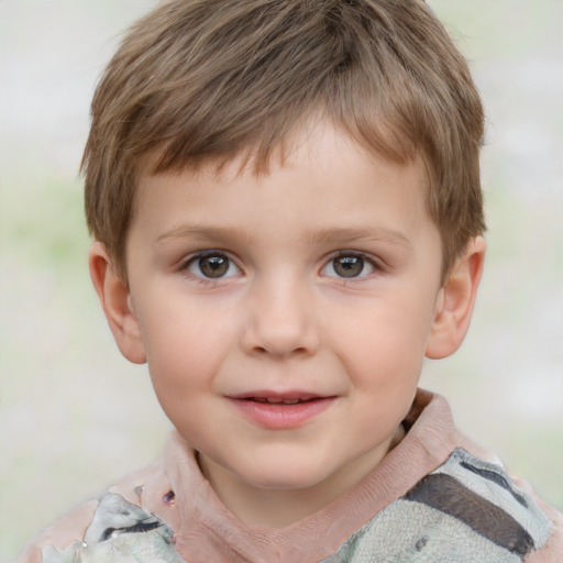 Joyful white child male with short  brown hair and grey eyes