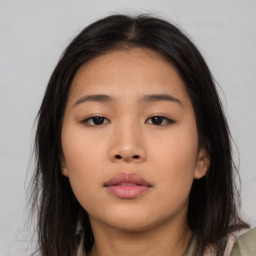 Neutral asian young-adult female with long  brown hair and brown eyes