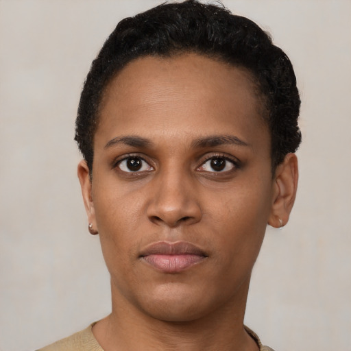 Neutral latino young-adult female with short  black hair and brown eyes