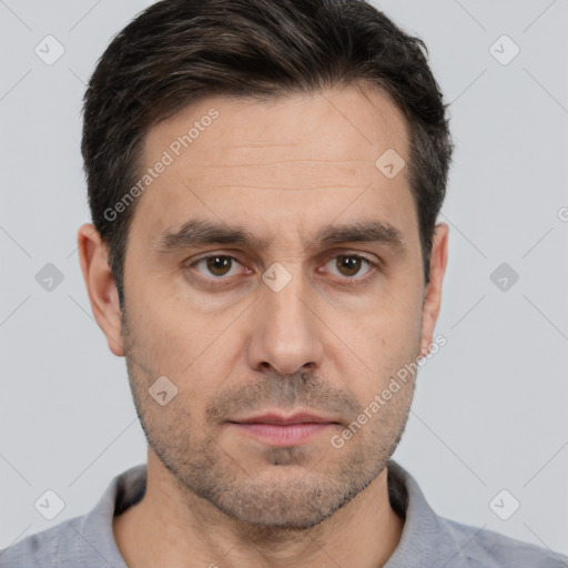 Neutral white adult male with short  brown hair and brown eyes