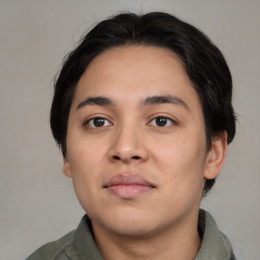 Neutral asian young-adult male with medium  black hair and brown eyes