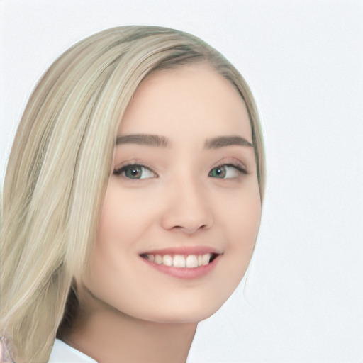 Joyful white young-adult female with long  brown hair and green eyes