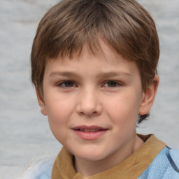 Joyful white child female with short  brown hair and grey eyes