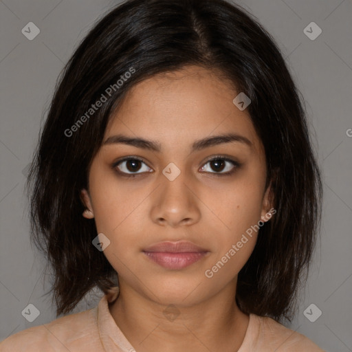 Neutral latino young-adult female with medium  brown hair and brown eyes