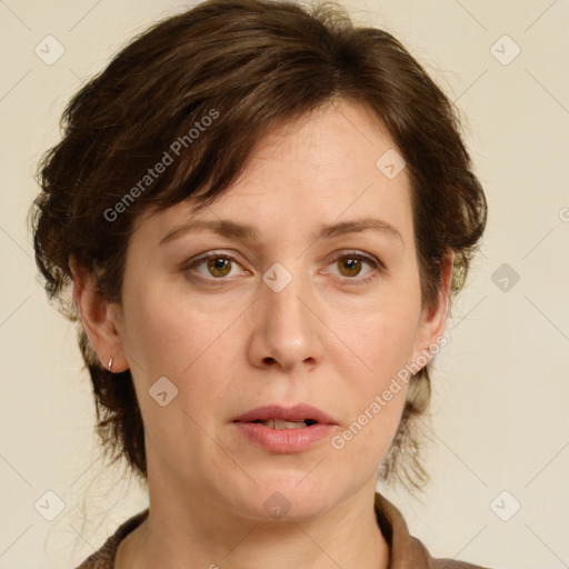 Joyful white adult female with medium  brown hair and green eyes