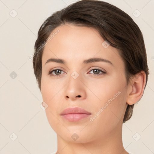 Neutral white young-adult female with short  brown hair and brown eyes