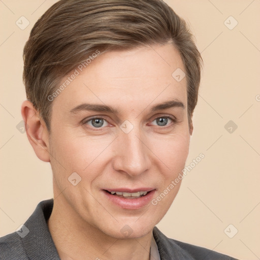 Joyful white young-adult female with short  brown hair and grey eyes