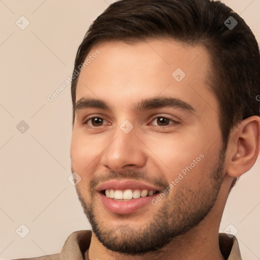 Joyful white young-adult male with short  brown hair and brown eyes