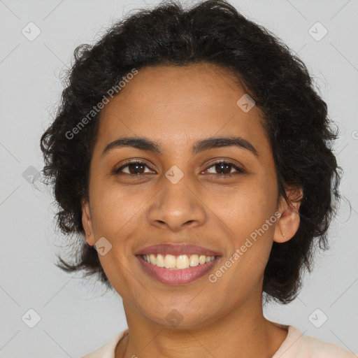 Joyful latino young-adult female with long  brown hair and brown eyes