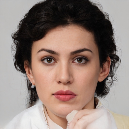Neutral white young-adult female with medium  black hair and brown eyes