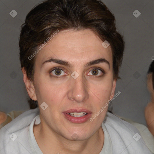 Joyful white adult female with short  brown hair and brown eyes