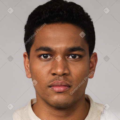 Neutral black young-adult male with short  black hair and brown eyes