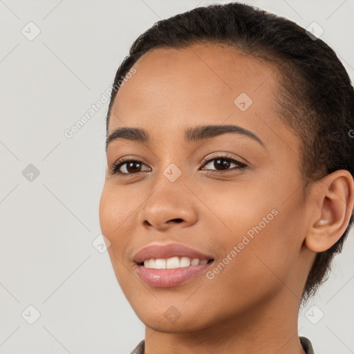 Joyful white young-adult female with short  brown hair and brown eyes