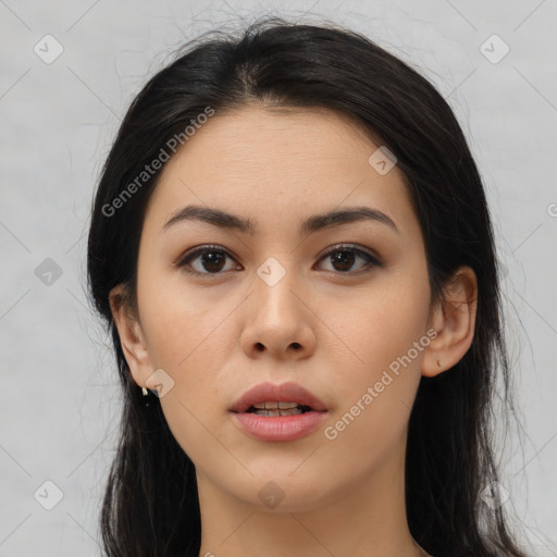 Neutral asian young-adult female with long  black hair and brown eyes