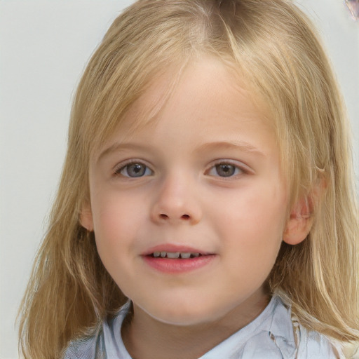 Joyful white child female with medium  brown hair and grey eyes