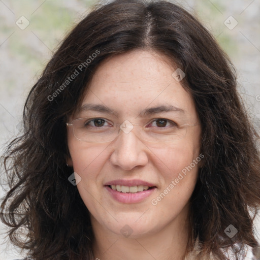 Joyful white adult female with long  brown hair and brown eyes