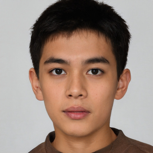 Neutral asian young-adult male with short  brown hair and brown eyes