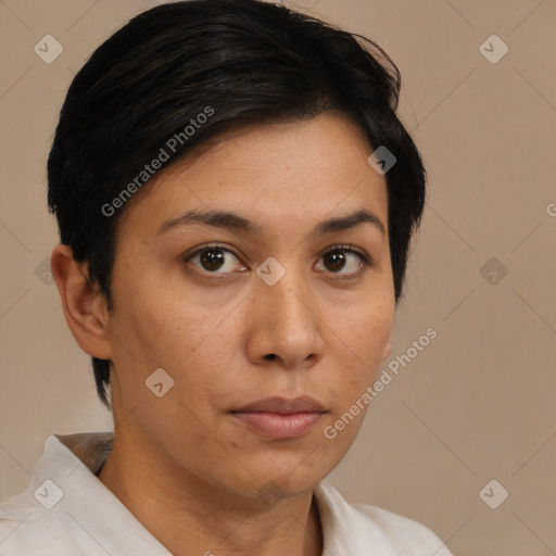 Neutral asian young-adult female with short  brown hair and brown eyes