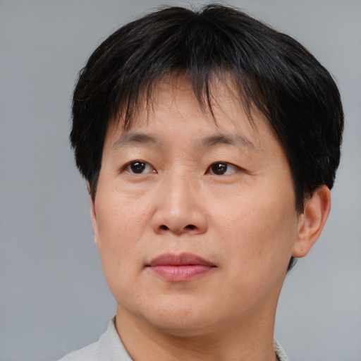 Joyful asian adult male with short  brown hair and brown eyes